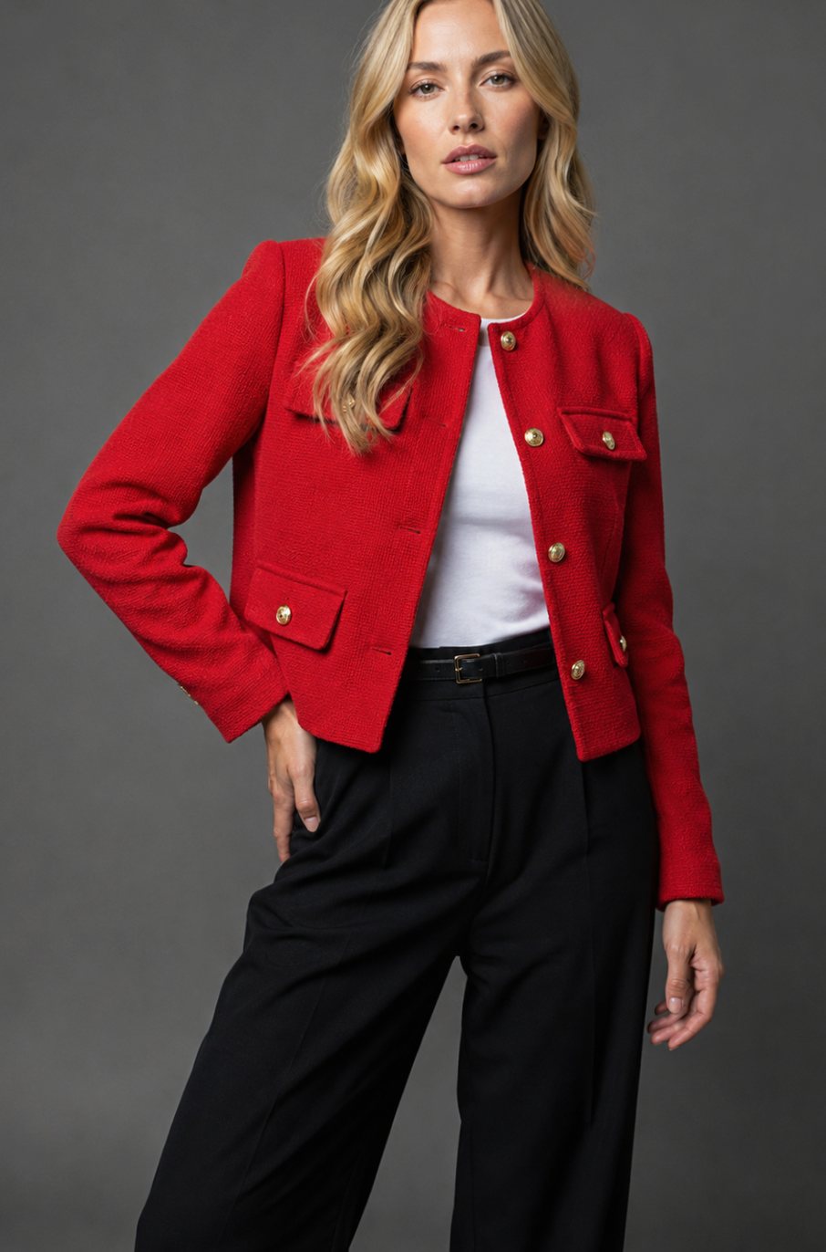 Charlotte | Women's Cropped Tweed Blazer Collarless Gold-Button Flap-Pocket Jacket