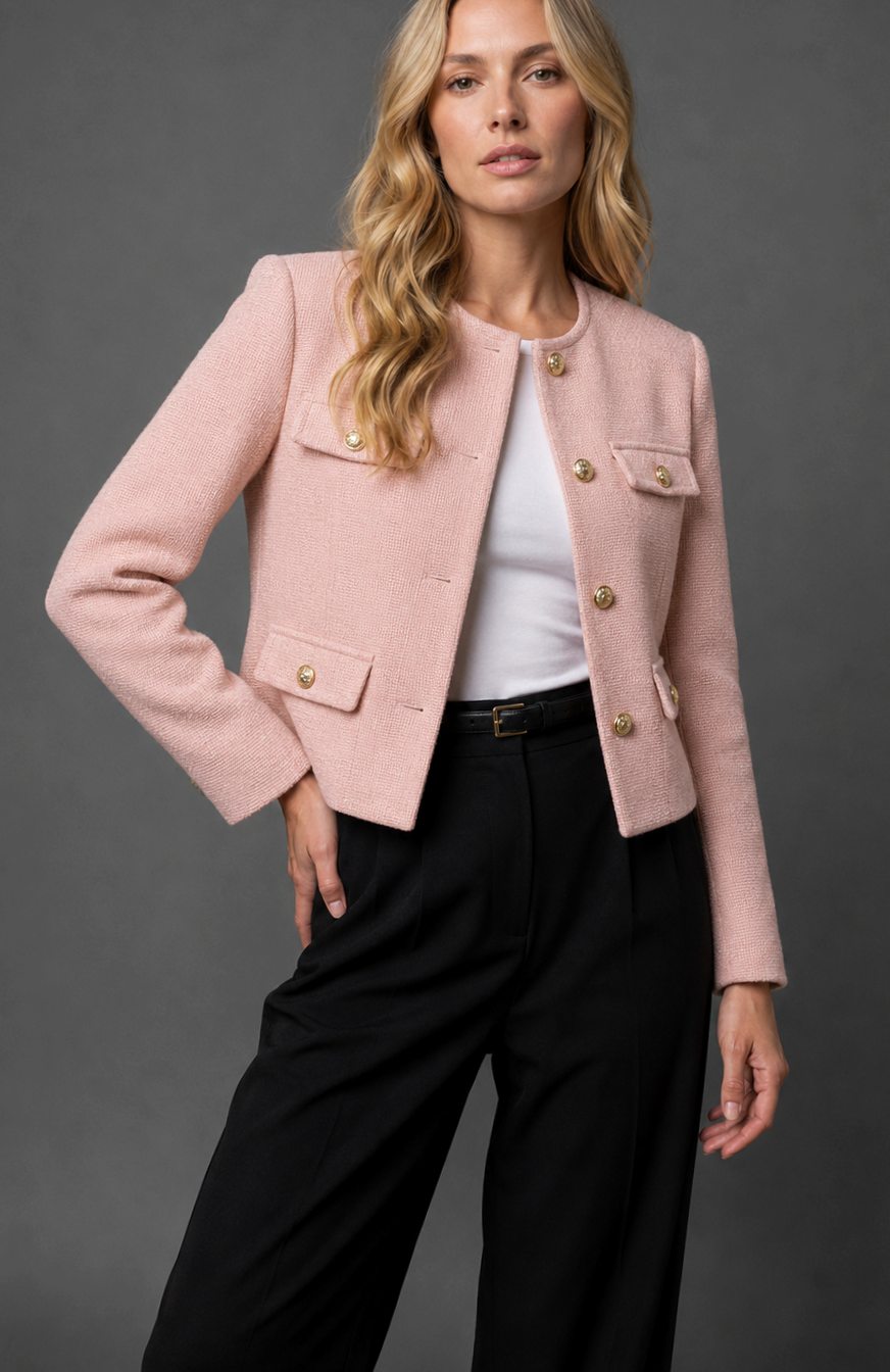 Luna | Women's Cropped Tweed Blazer Collarless Gold-Button Flap-Pocket Jacket, Light Blue