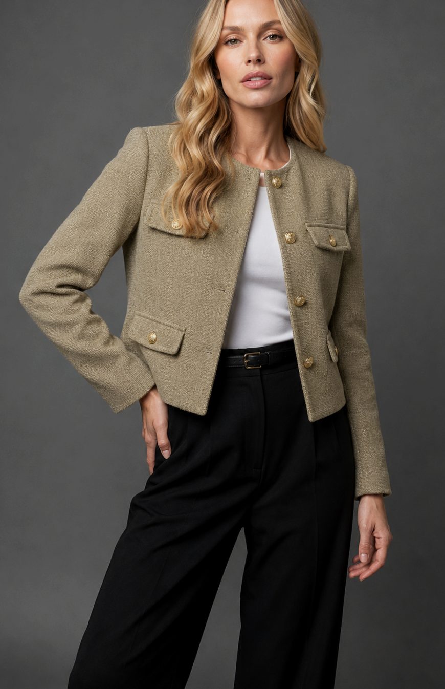 Charlotte | Women's Cropped Tweed Blazer Collarless Gold-Button Flap-Pocket Jacket