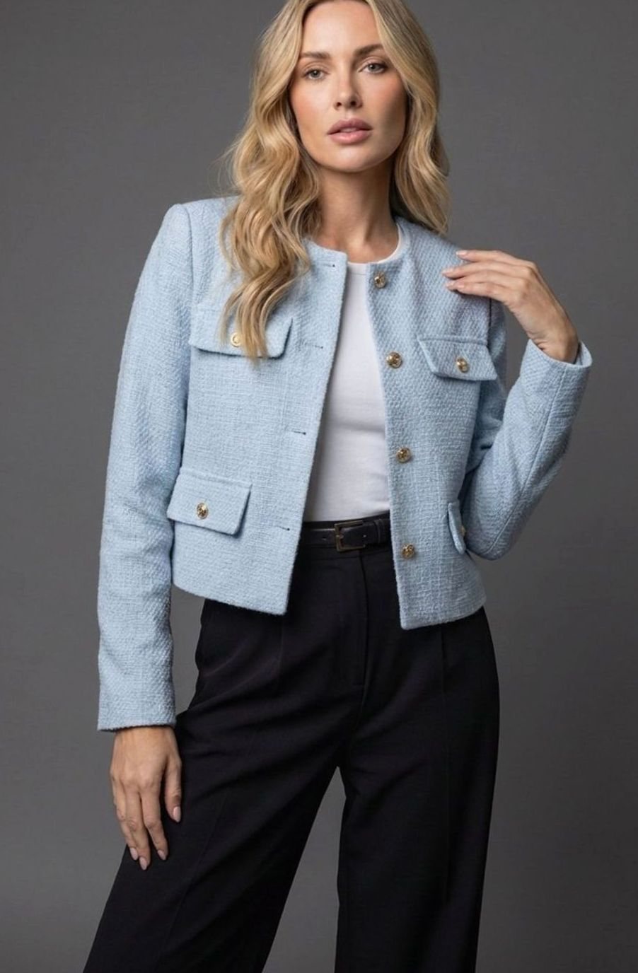 Luna | Women's Cropped Tweed Blazer Collarless Gold-Button Flap-Pocket Jacket, Light Blue