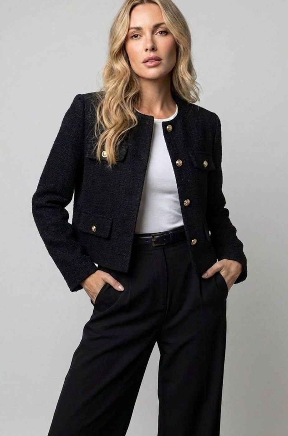 Charlotte | Women's Cropped Tweed Blazer Collarless Gold-Button Flap-Pocket Jacket