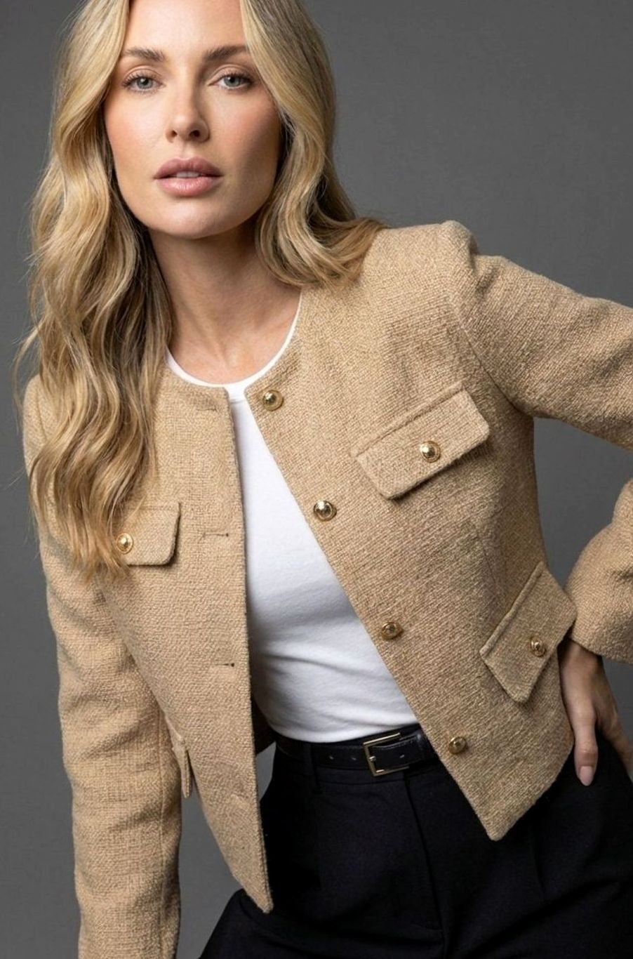 Charlotte | Women's Cropped Tweed Blazer Collarless Gold-Button Flap-Pocket Jacket