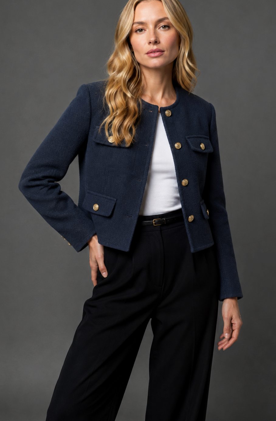 Luna | Women's Cropped Tweed Blazer Collarless Gold-Button Flap-Pocket Jacket, Light Blue