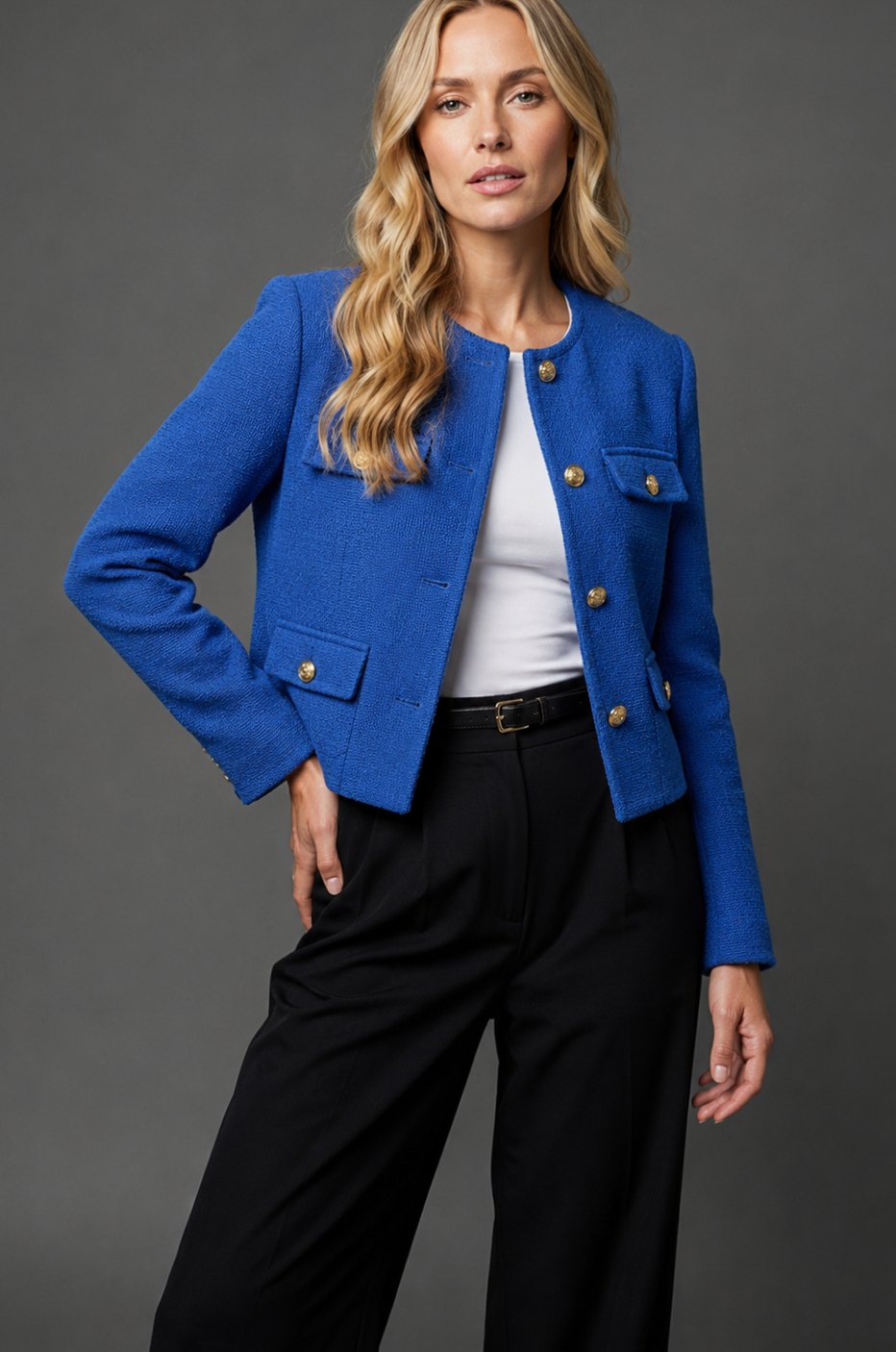 Luna | Women's Cropped Tweed Blazer Collarless Gold-Button Flap-Pocket Jacket, Light Blue