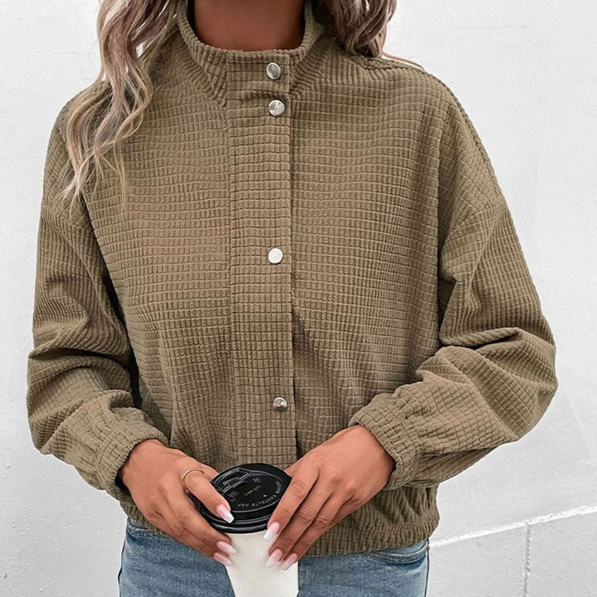 Olivia | Women's Cropped Waffle-Knit Mock-Neck Snap-Button Jacket