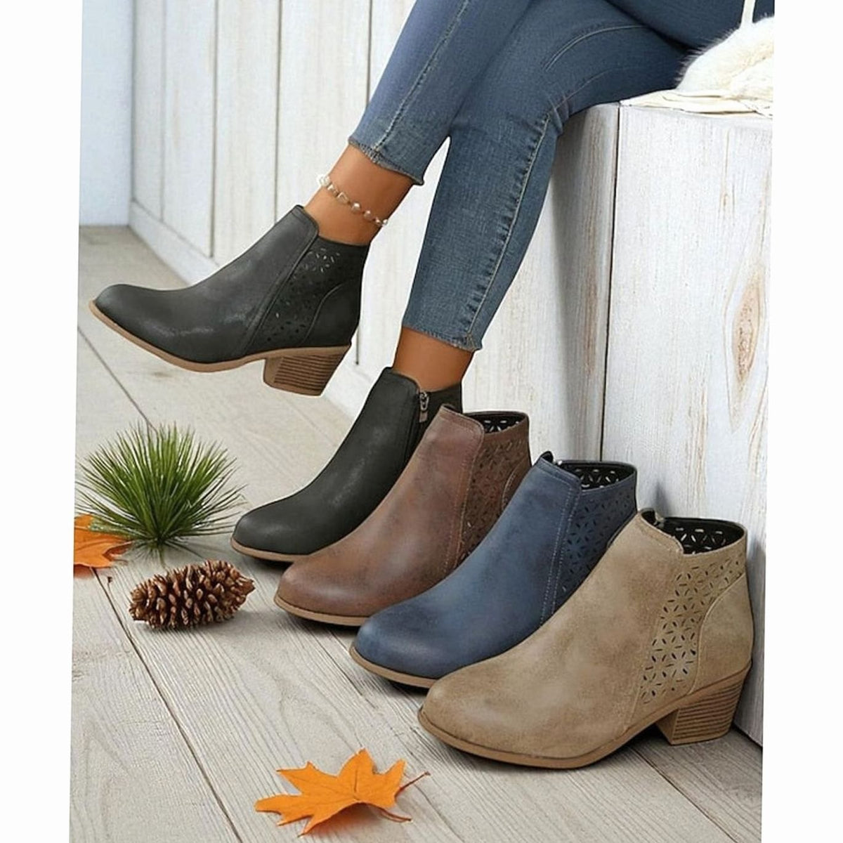Evelyn | Women's Cutout Low-Heel Ankle Boots Side Zip Booties