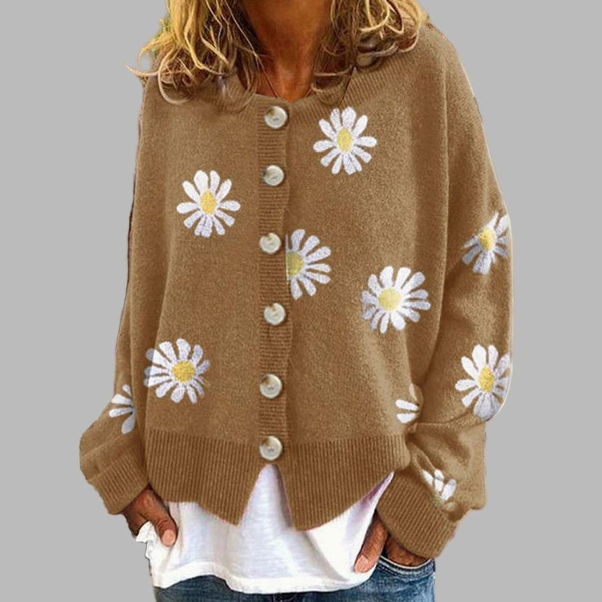 Aria | Women's Daisy Floral Long-Sleeve Button-Front Knit Cardigan