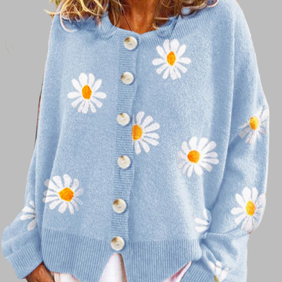 Aria | Women's Daisy Floral Long-Sleeve Button-Front Knit Cardigan