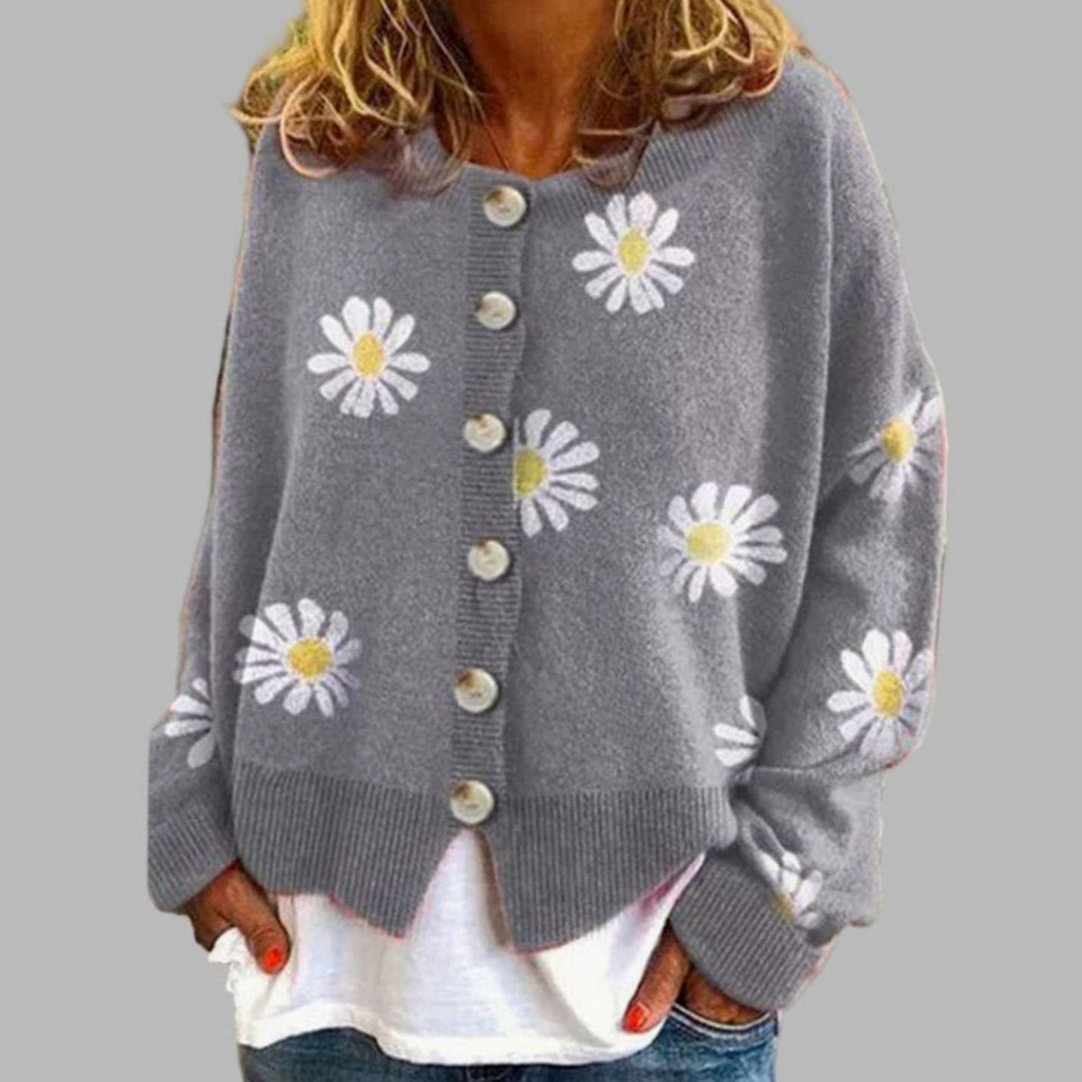 Aria | Women's Daisy Floral Long-Sleeve Button-Front Knit Cardigan