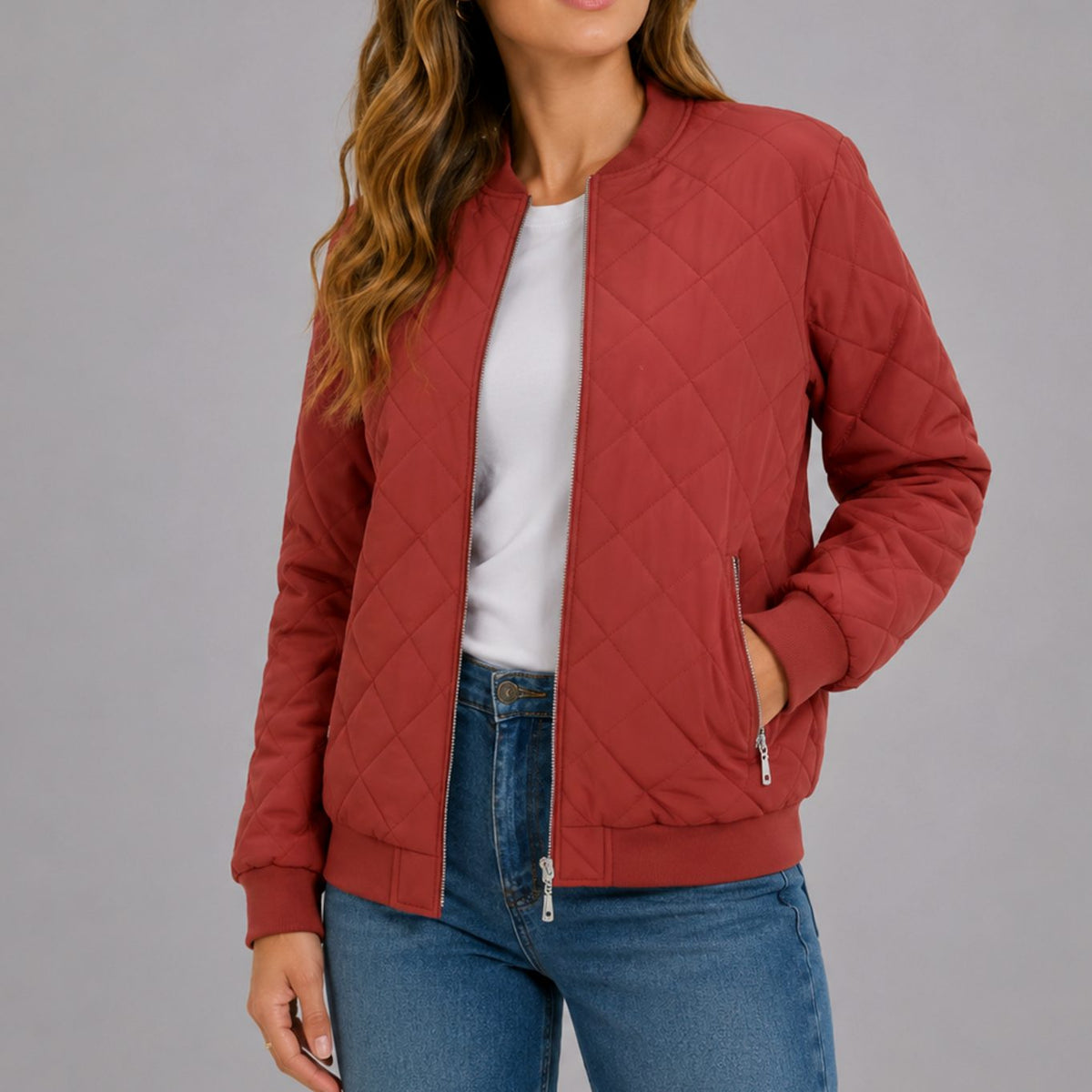 Luna | Women's Diamond Quilted Bomber Jacket with Pockets