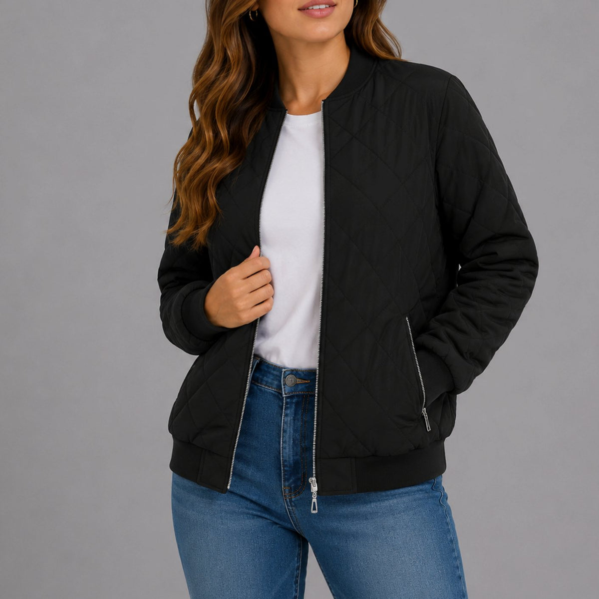 Luna | Women's Diamond Quilted Bomber Jacket with Pockets