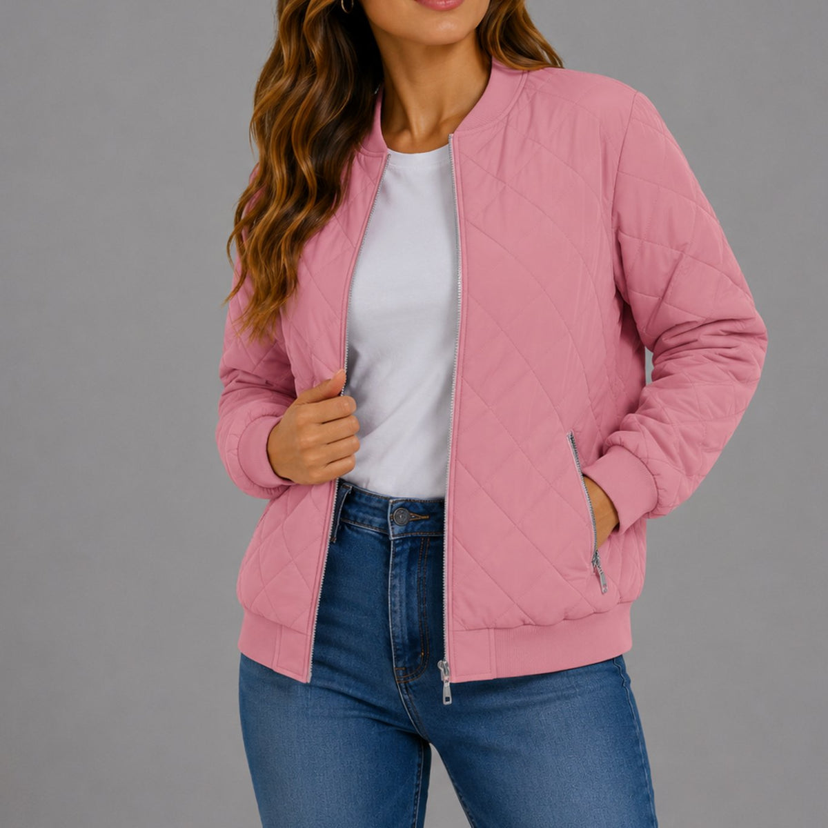 Luna | Women's Diamond Quilted Bomber Jacket with Pockets