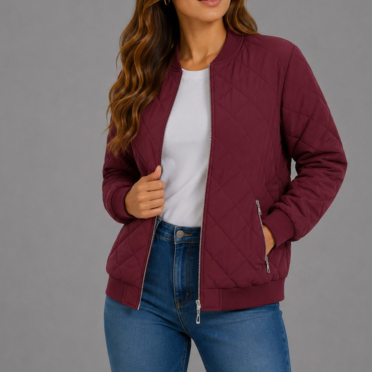 Luna | Women's Diamond Quilted Bomber Jacket with Pockets