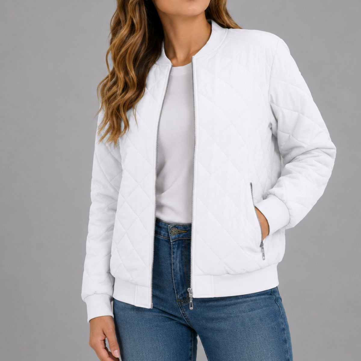 Luna | Women's Diamond Quilted Bomber Jacket with Pockets