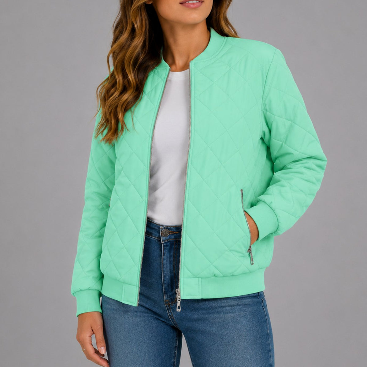 Luna | Women's Diamond Quilted Bomber Jacket with Pockets