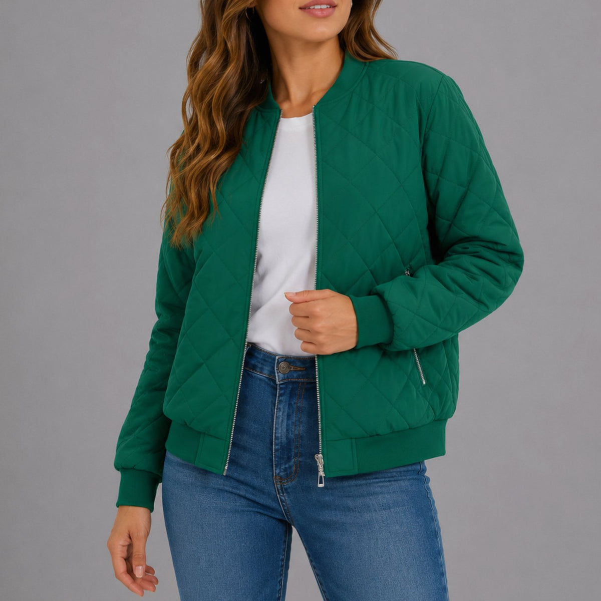 Luna | Women's Diamond Quilted Bomber Jacket with Pockets