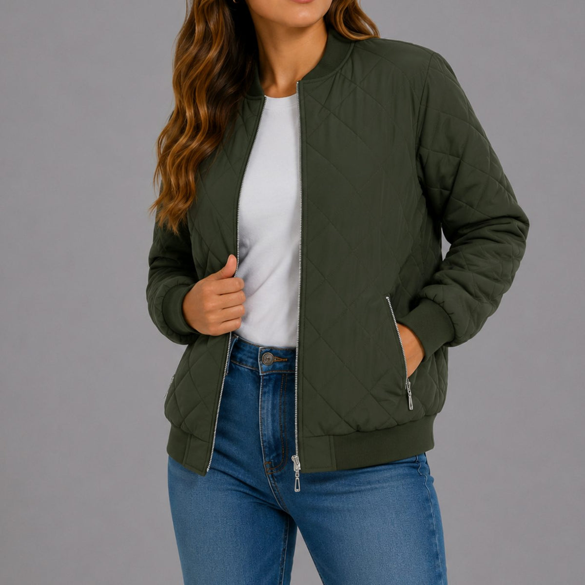 Luna | Women's Diamond Quilted Bomber Jacket with Pockets