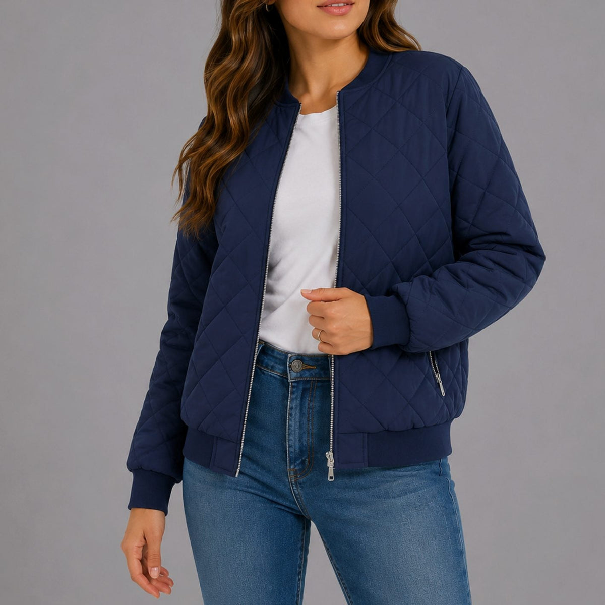 Luna | Women's Diamond Quilted Bomber Jacket with Pockets