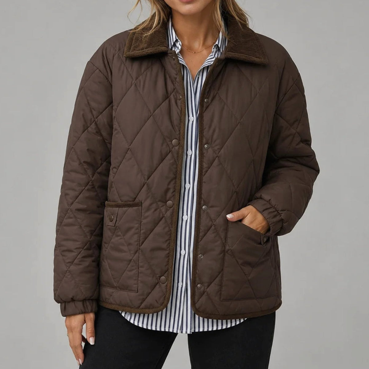 Penelope | Women's Diamond Quilted Corduroy Collar Snap-Button Jacket