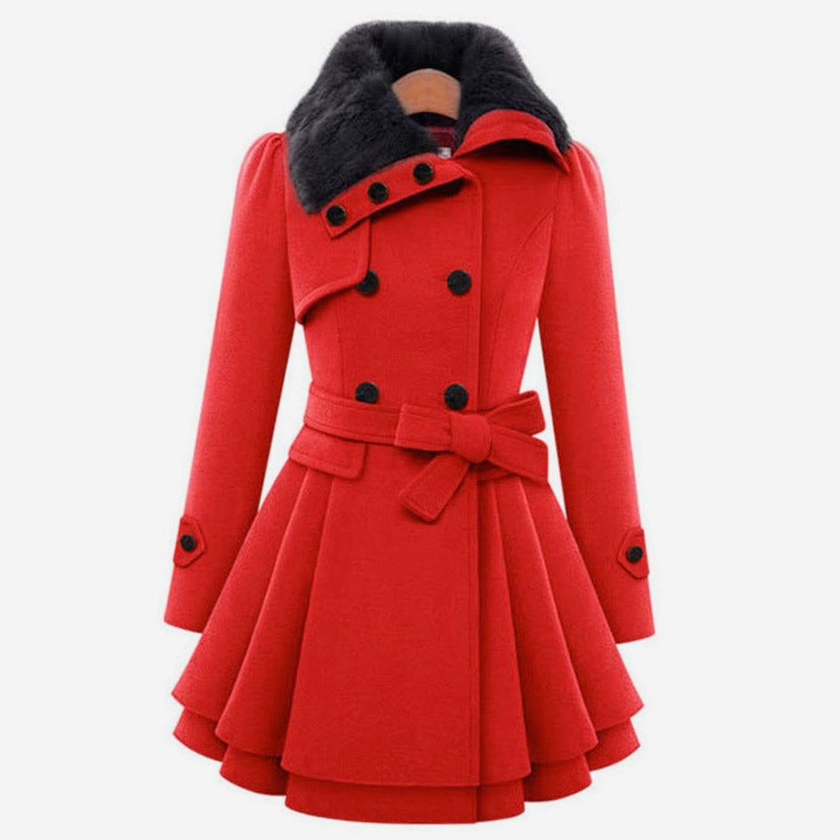 Olivia | Women's Double-Breasted Faux Fur Collar Belted Flare Trench Coat