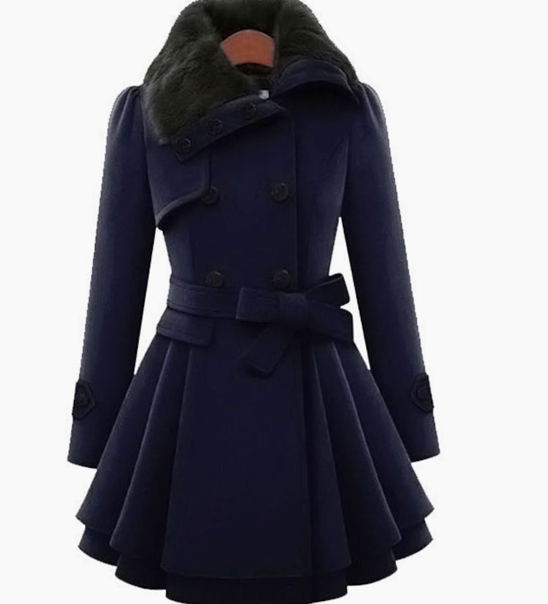 Olivia | Women's Double-Breasted Faux Fur Collar Belted Flare Trench Coat