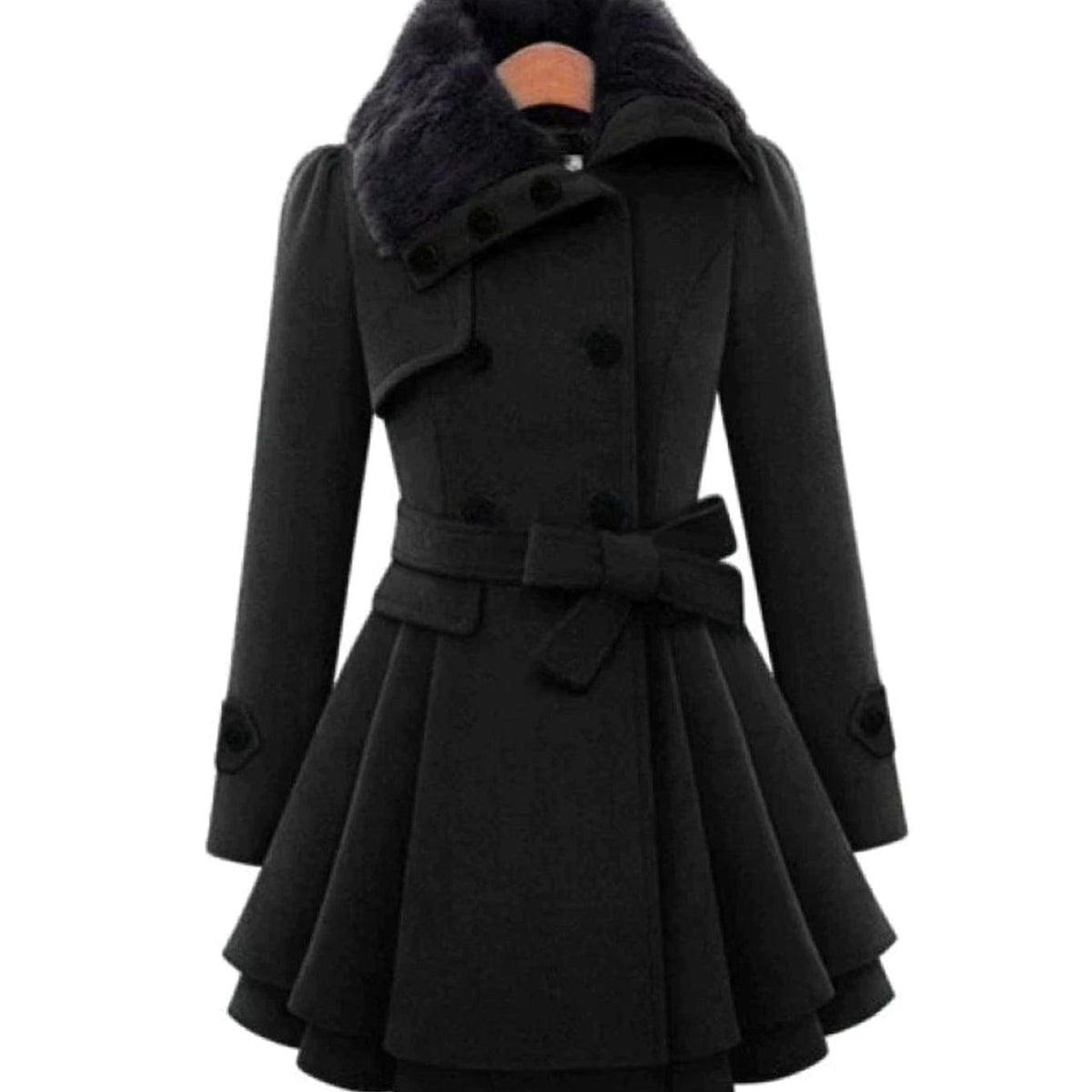 Olivia | Women's Double-Breasted Faux Fur Collar Belted Flare Trench Coat