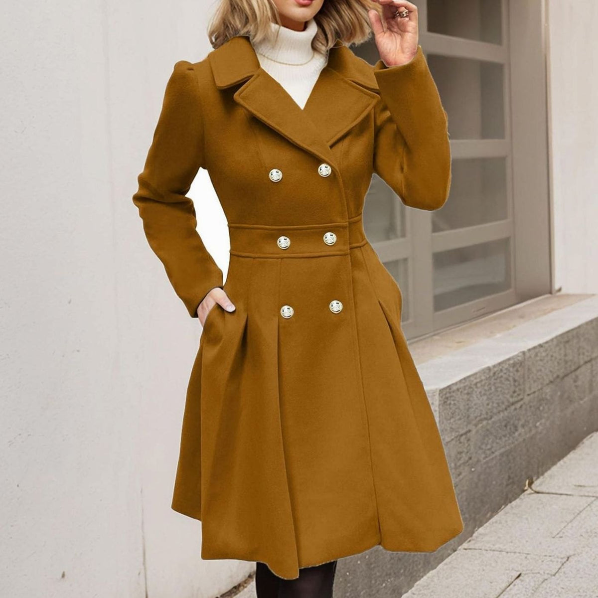 Amelia | Women's Double-Breasted Flared Pleated Wool-Blend Midi Coat
