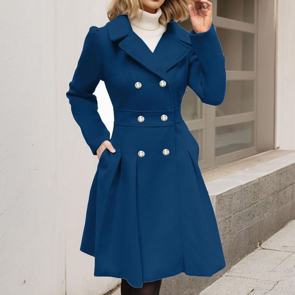 Amelia | Women's Double-Breasted Flared Pleated Wool-Blend Midi Coat