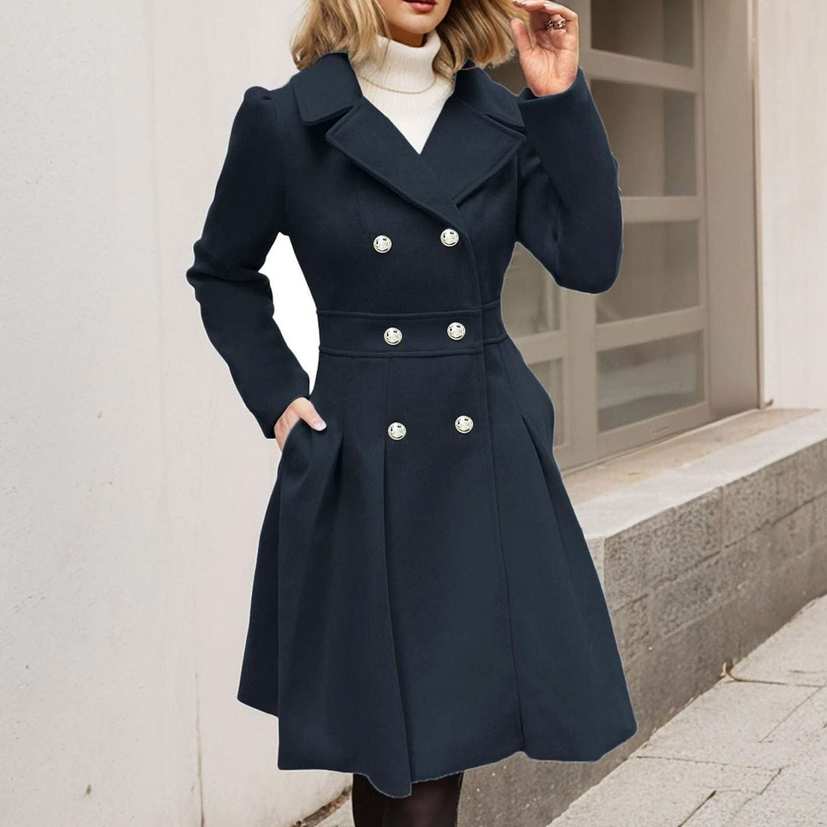 Amelia | Women's Double-Breasted Flared Pleated Wool-Blend Midi Coat