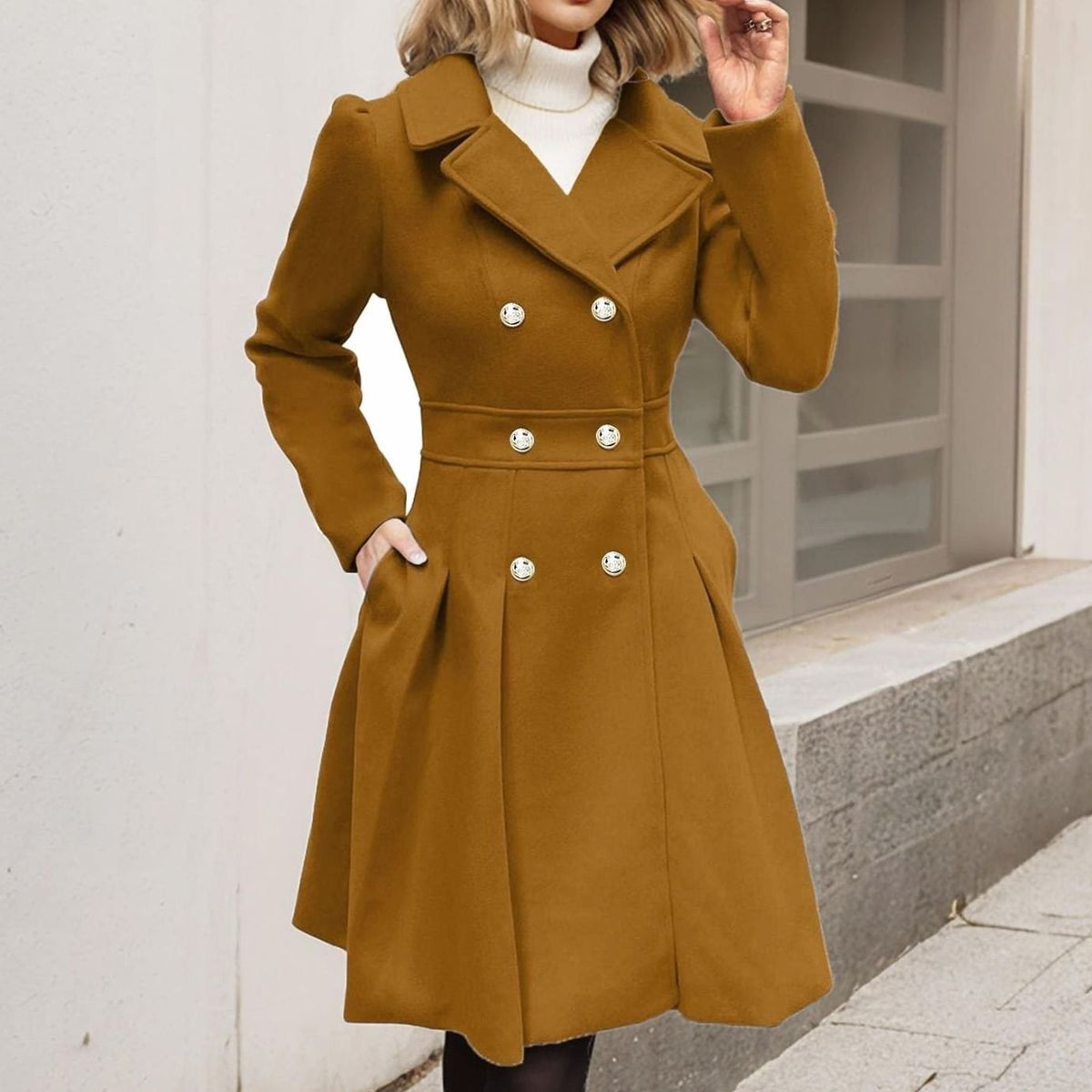 Amelia | Women's Double-Breasted Flared Pleated Wool-Blend Midi Coat
