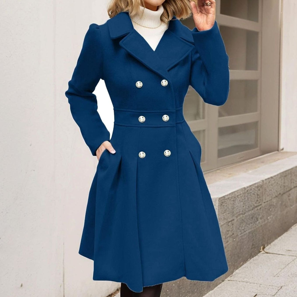 Amelia | Women's Double-Breasted Flared Pleated Wool-Blend Midi Coat