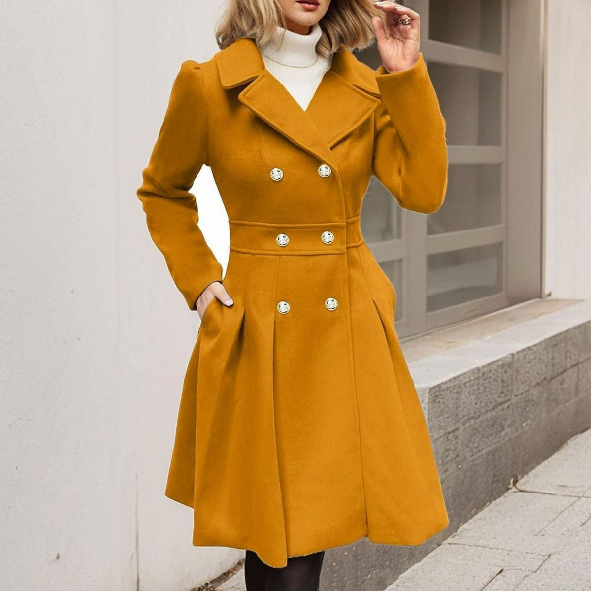 Amelia | Women's Double-Breasted Flared Pleated Wool-Blend Midi Coat
