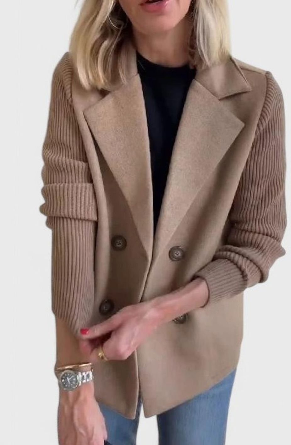 Isabella | Women's Double-Breasted Knit-Sleeve Tailored Blazer
