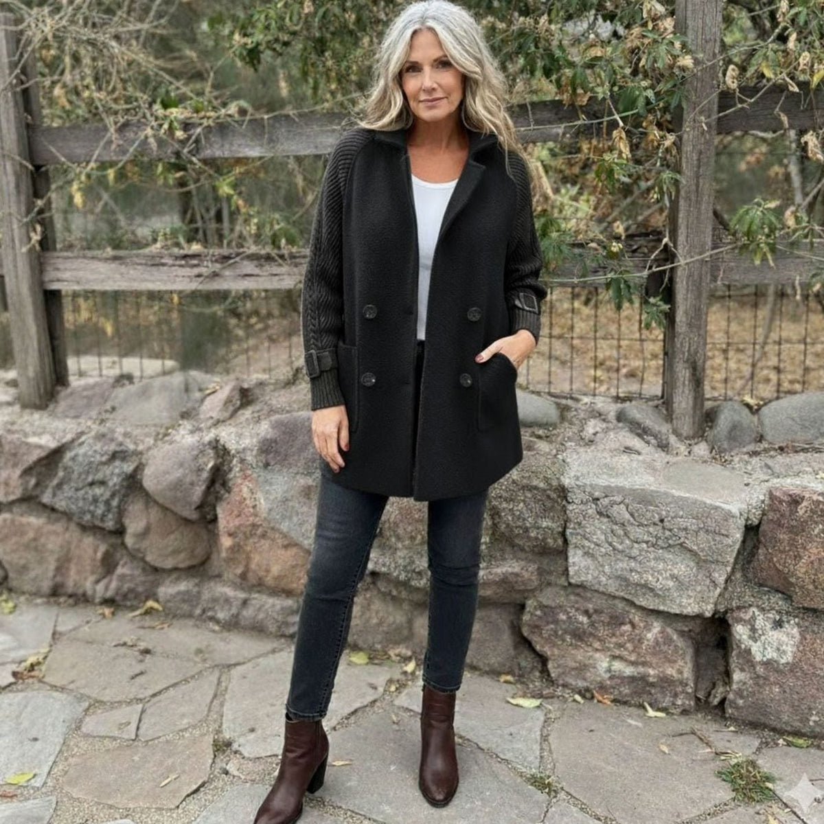 Emma | Women's Double-Breasted Knit-Sleeve Winter Coat