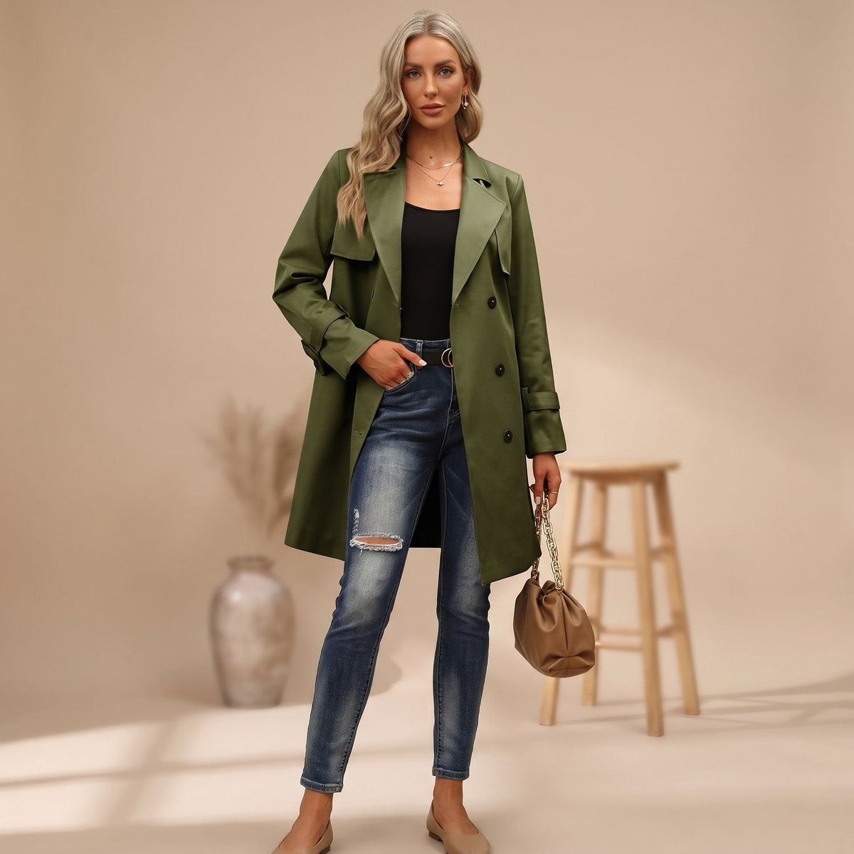 Luna | Women's Double-Breasted Long-Line Lapel Trench Coat
