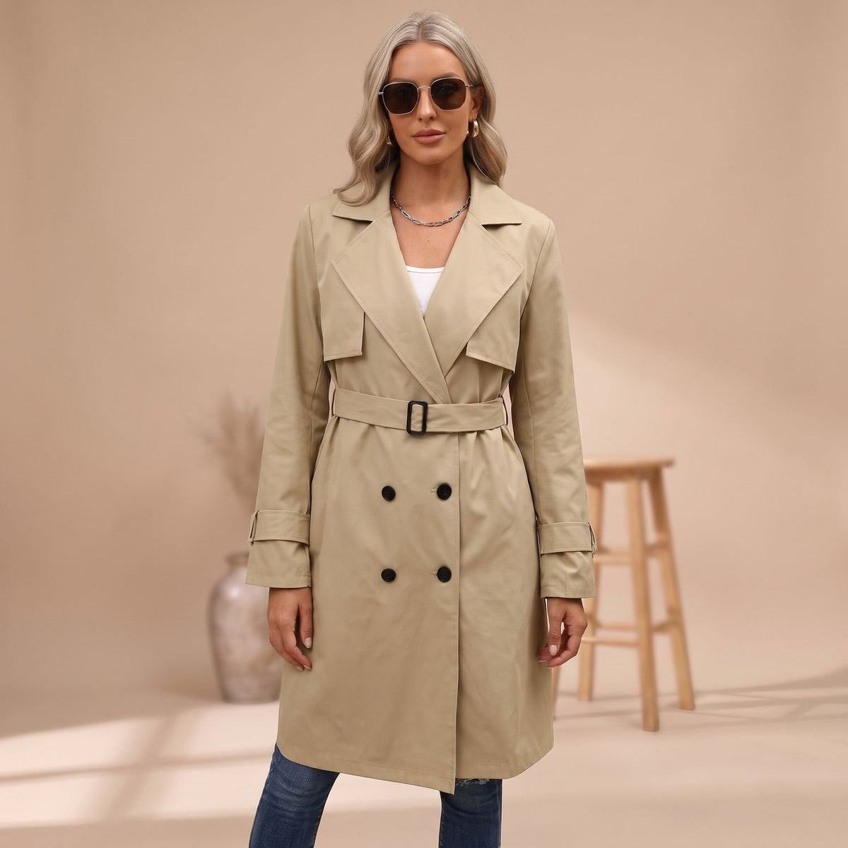 Luna | Women's Double-Breasted Long-Line Lapel Trench Coat