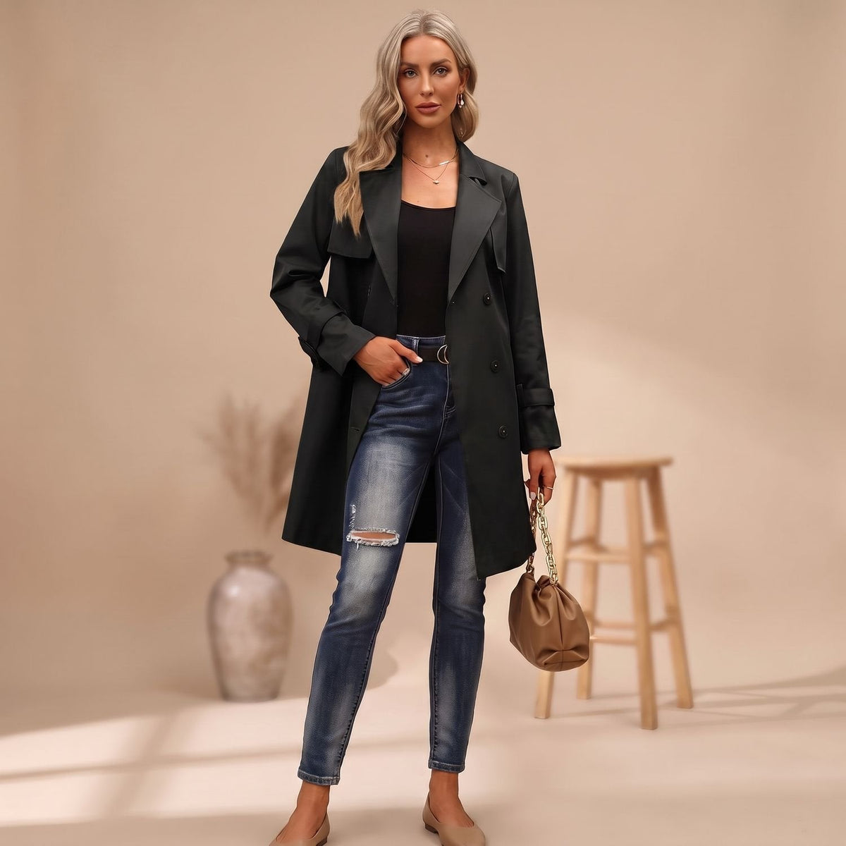 Luna | Women's Double-Breasted Long-Line Lapel Trench Coat