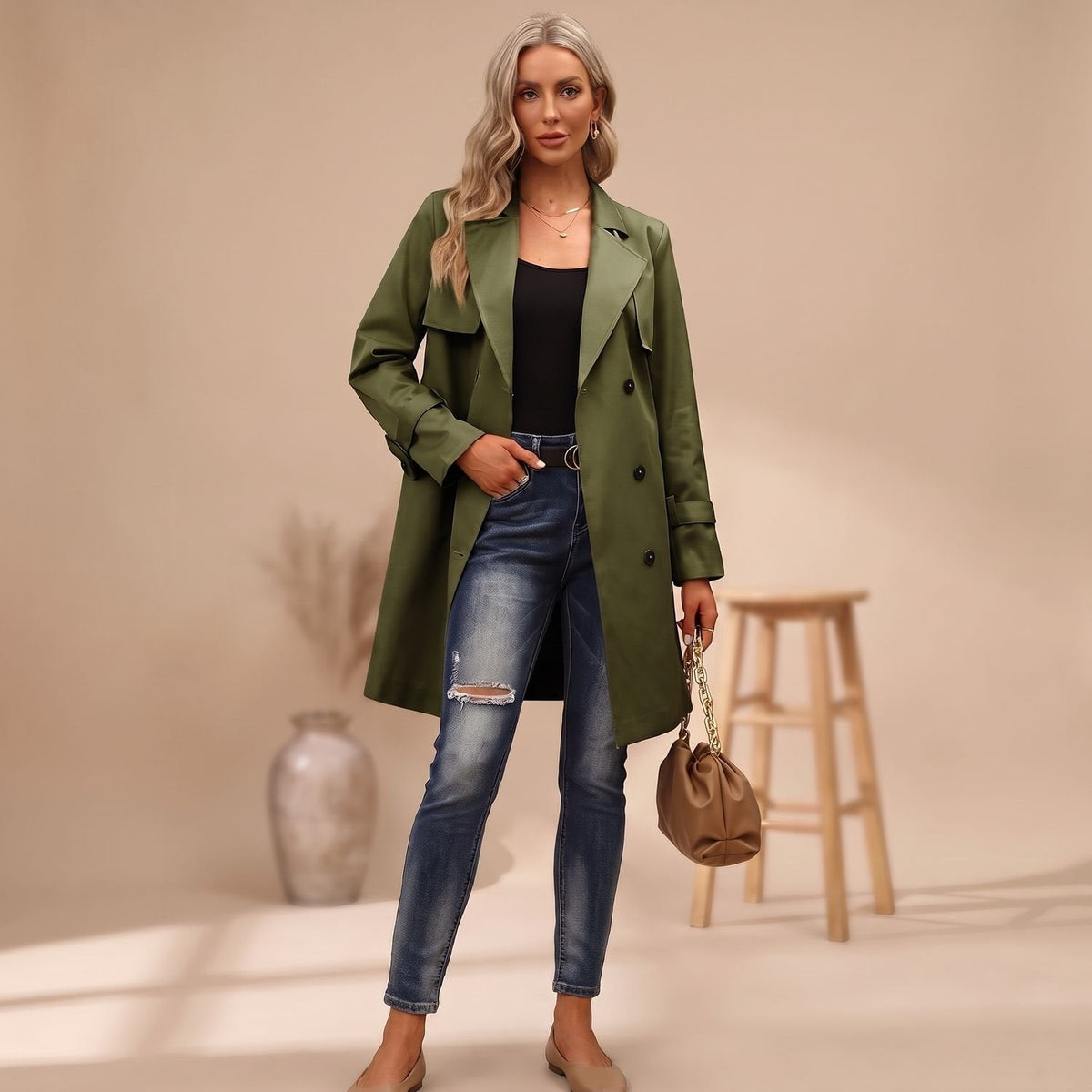 Luna | Women's Double-Breasted Long-Line Lapel Trench Coat