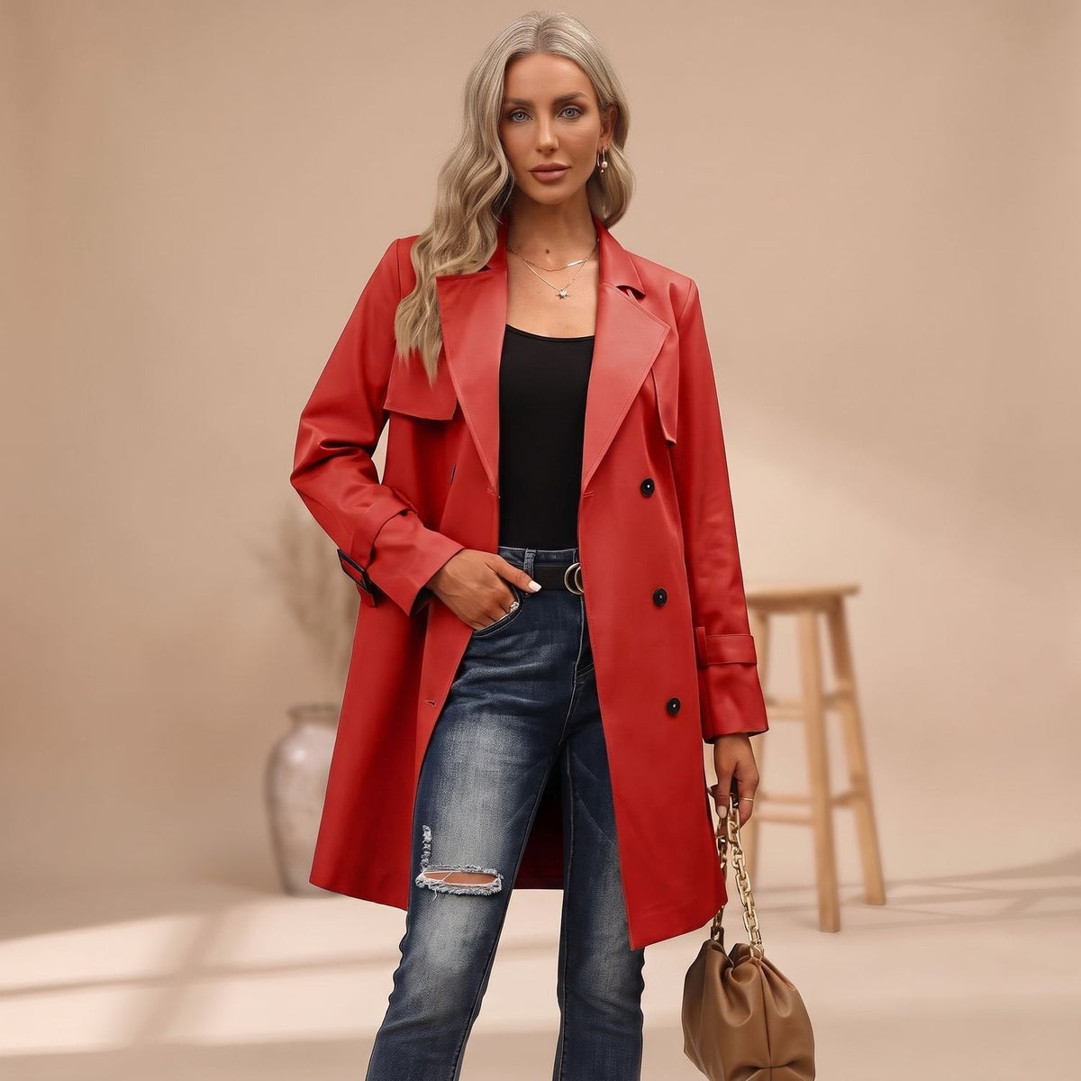 Luna | Women's Double-Breasted Long-Line Lapel Trench Coat