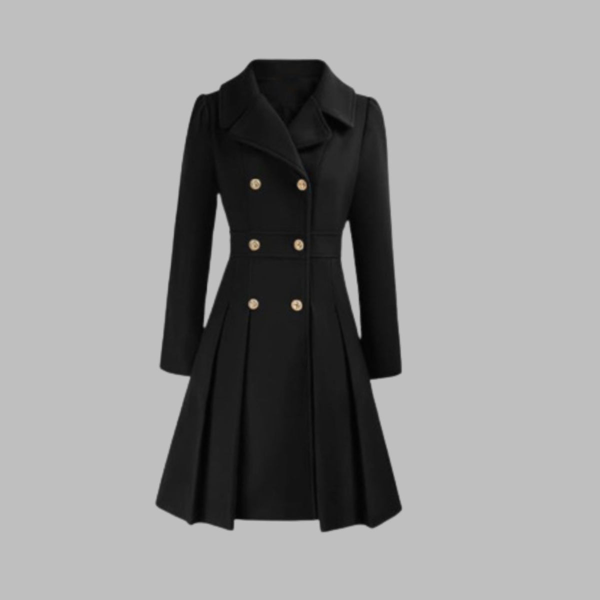 Evelyn | Women's Double-Breasted Pleated Flare Long Coat Jacket