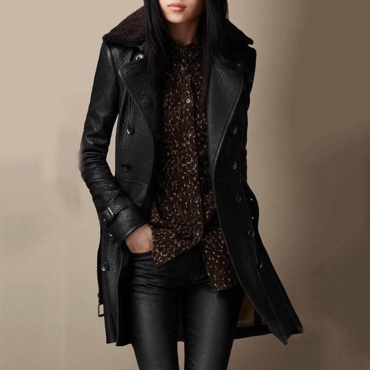 Olivia | Women's Double-Breasted Three-Quarter Length Shearling Collar Leather Jacket