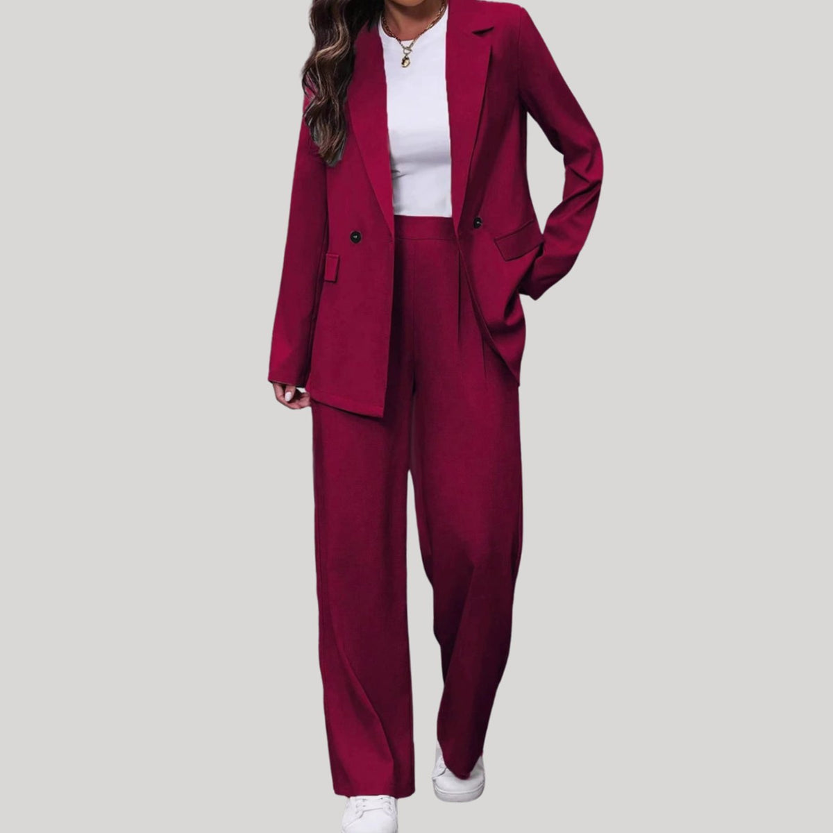 Luna | Women's Double-Breasted Wide-Leg Blazer Pants Suit Set, Burgundy