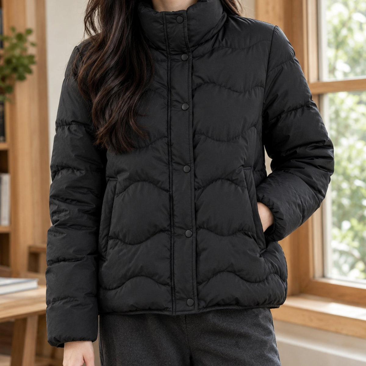 Sophia | Women's Duck-Down Quilted Puffer Jacket Stand Collar Snap-Front
