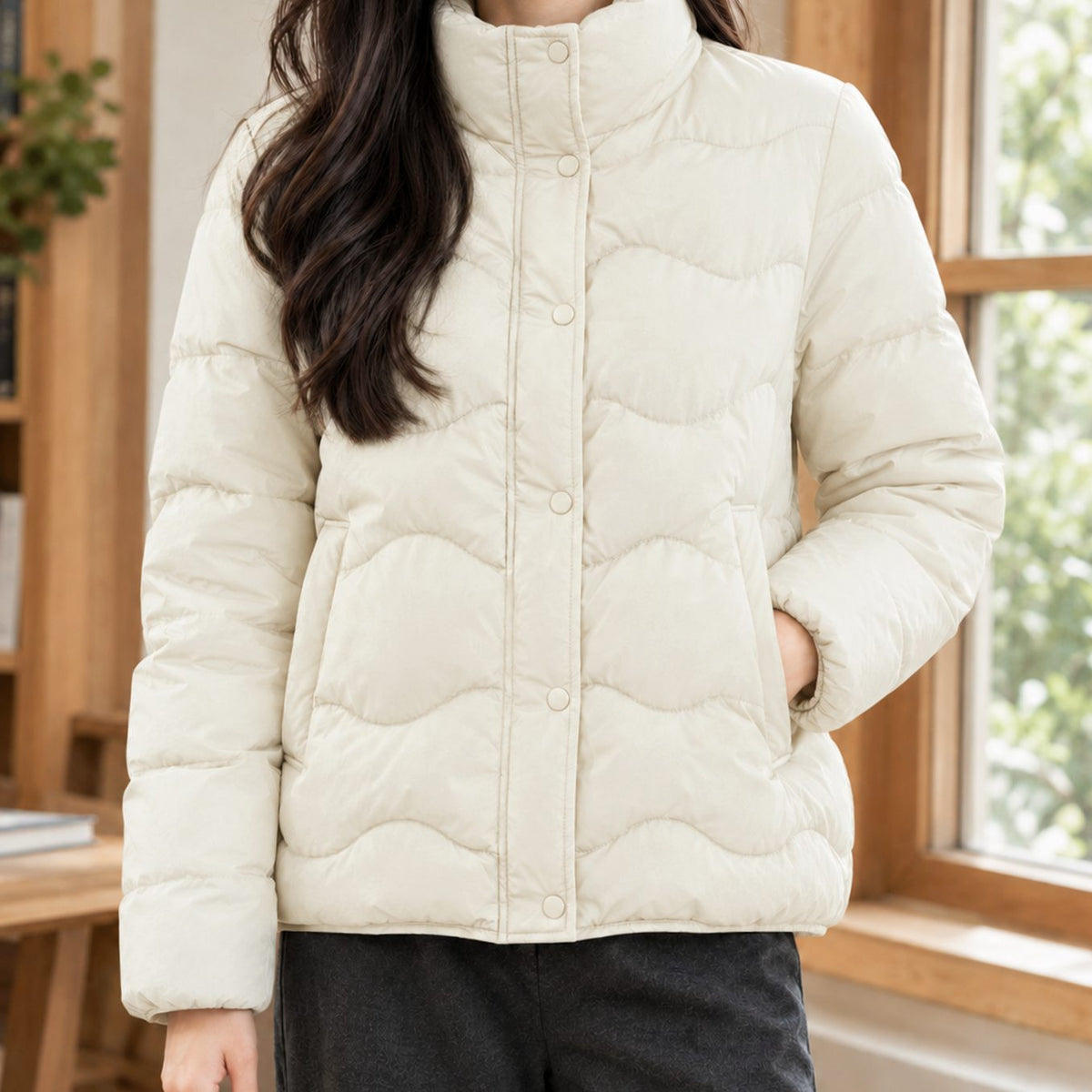 Sophia | Women's Duck-Down Quilted Puffer Jacket Stand Collar Snap-Front