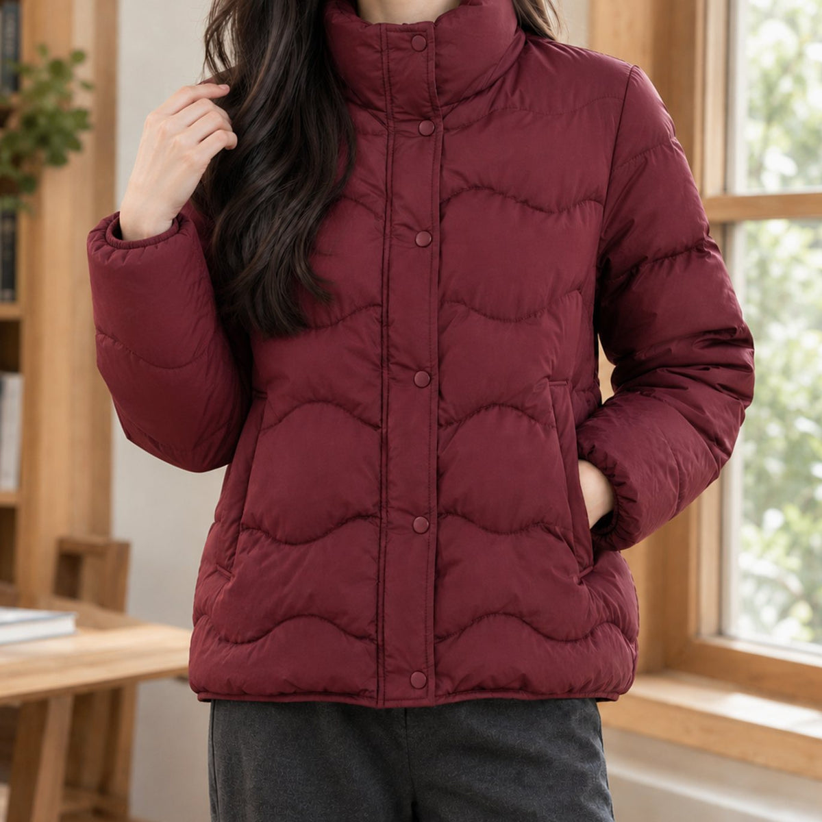 Sophia | Women's Duck-Down Quilted Puffer Jacket Stand Collar Snap-Front