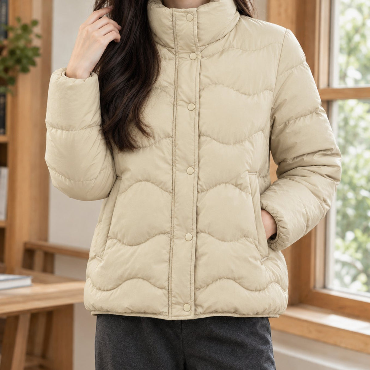 Sophia | Women's Duck-Down Quilted Puffer Jacket Stand Collar Snap-Front
