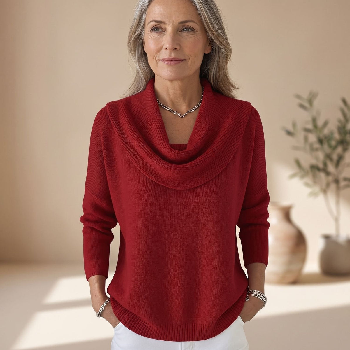 Mia | Women's Elegant Cowl-Neck Long-Sleeve Knit Sweater