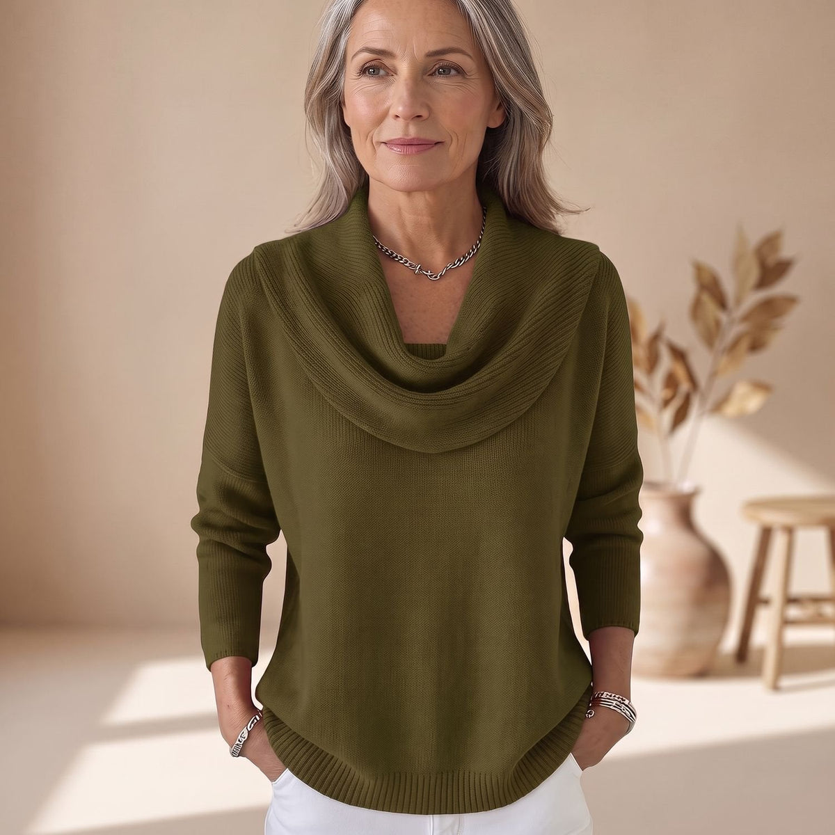 Mia | Women's Elegant Cowl-Neck Long-Sleeve Knit Sweater
