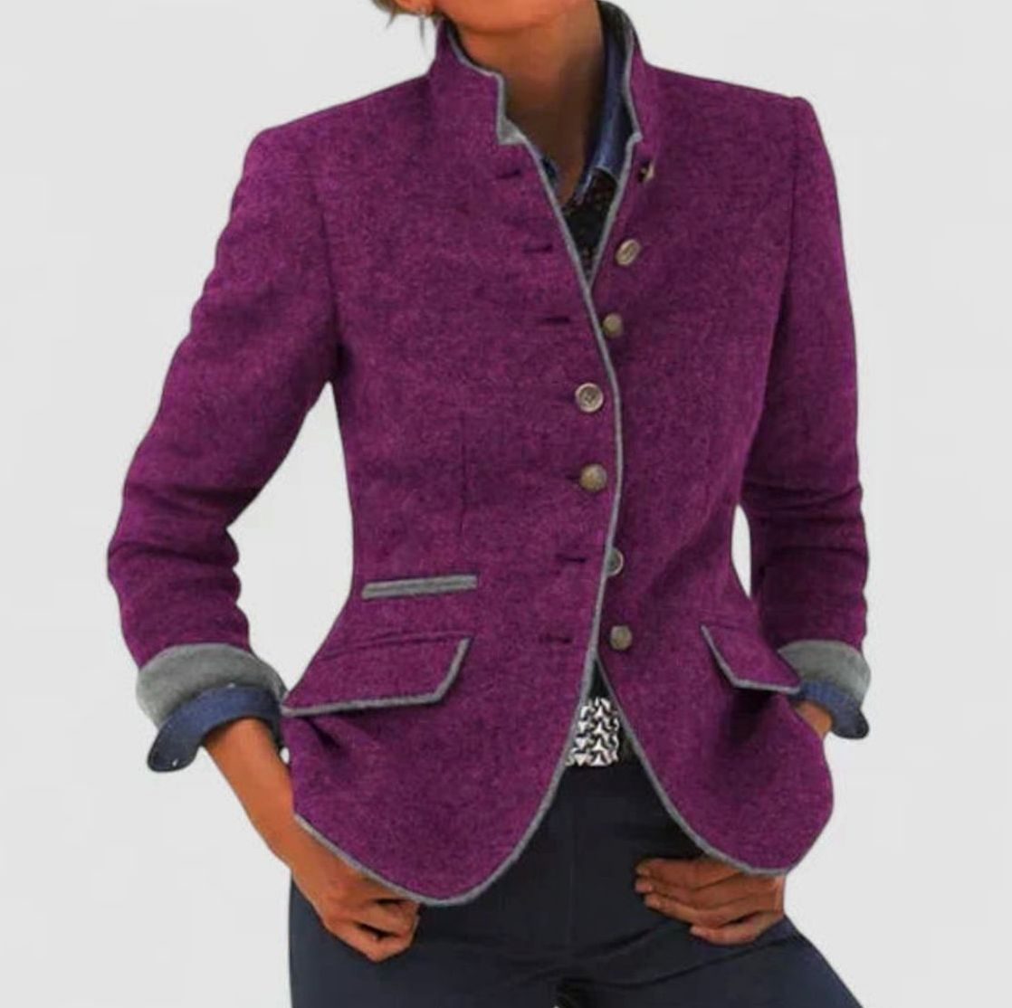 Aria | Women's Elegant Stand-Collar Button-Front Wool Blazer Cardigan