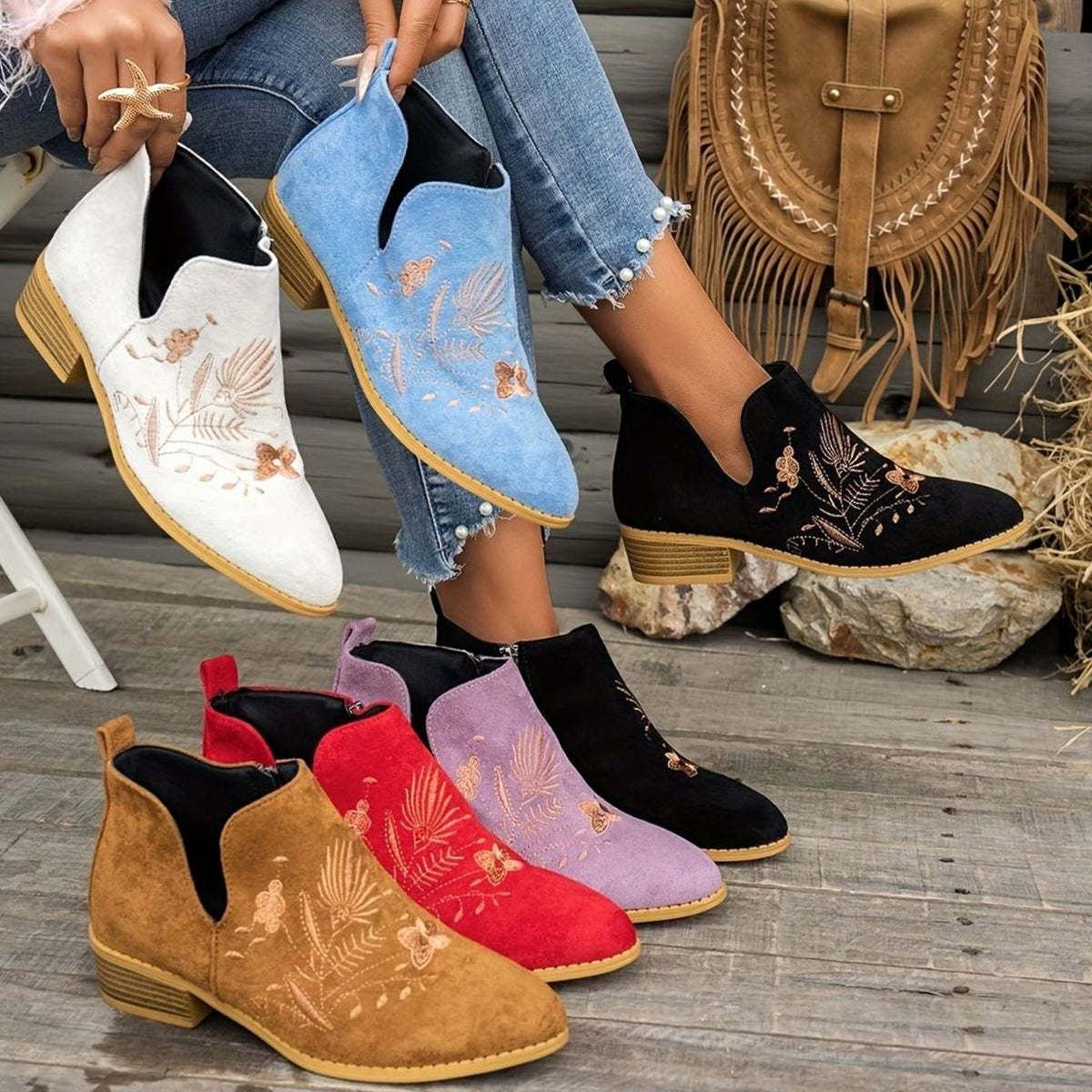 Sophia | Women's Embroidered Low-Heel Pointed-Toe Ankle Boots
